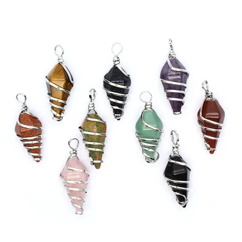 Hexagonal Point Crystal Pendant Wire Wrapped Natural Stone Hexagonal Cone Healing Gemstone DIY Jewelry Accessory For Men Women Pendant Only