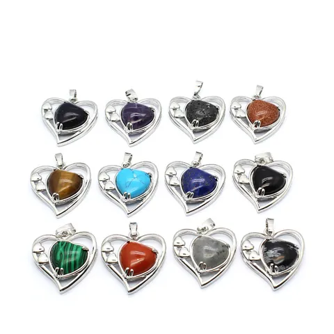 Colgante Corazón Hueco Vintage Piedra Natural Amatista Turquesa Ojo de Tigre Lapislázuli Aleación Joyería para Mujer