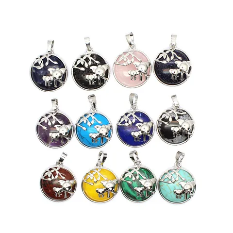 Vintage Alloy Mother Child Elephant Round Pendant Natural Stone Crystal Shell Charms For Jewelry Making DIY Necklaces