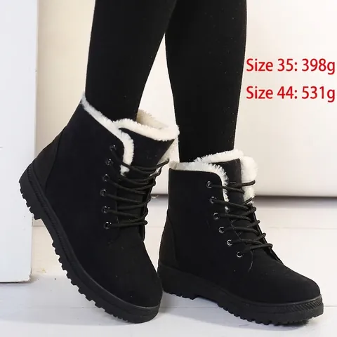 Women Snow Boots Warm Faux Fur Lined Suede Short Boots Lace Up Flat Heel Non Slip Winter Cotton Outdoor Walking Shoes