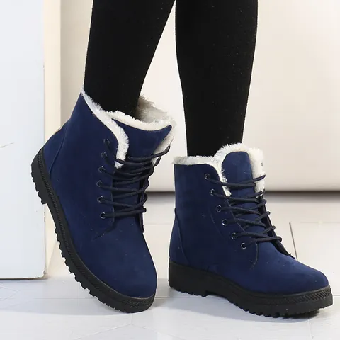 Women Snow Boots Warm Faux Fur Lined Suede Short Boots Lace Up Flat Heel Non Slip Winter Cotton Outdoor Walking Shoes