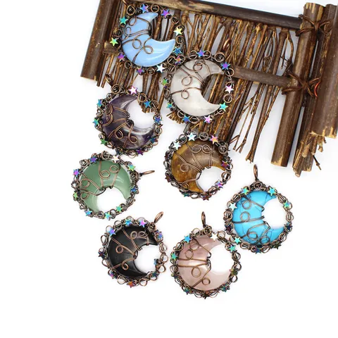 Colgante Solo Luna Creciente Estrella Envuelto a Mano Piedra Natural Amatista Turquesa Ojo de Tigre Joyería Vintage Boho Mujer