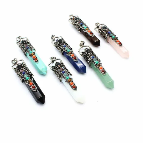Vintage Hexagonal Crystal Pillar Pendant With 7 Chakra Stones Antique Silver Carved Alloy Wrapped Healing Gemstone Pendant Unisex