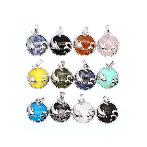 Natural Stone Dolphin Playing In Water Round Pendant Only (Without Chain) Silver Alloy Rhinestone Inlaid Crystal Pendants For Jewelry Making
