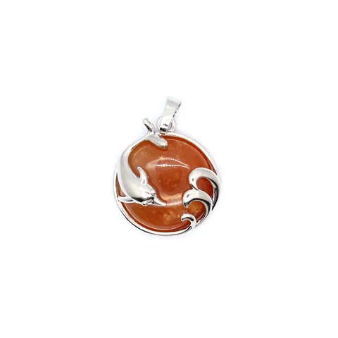 Natural Stone Dolphin Playing In Water Round Pendant Only (Without Chain) Silver Alloy Rhinestone Inlaid Crystal Pendants For Jewelry Making