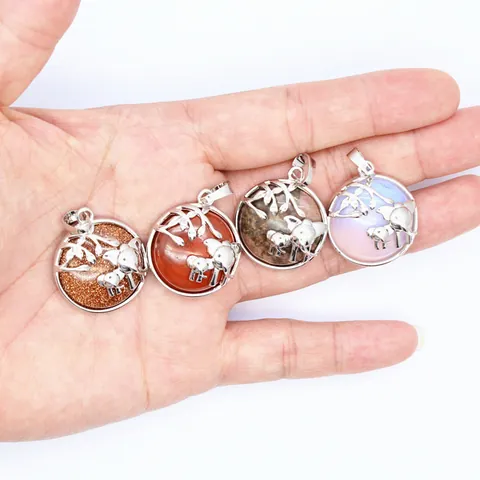 Vintage Alloy Mother Child Elephant Round Pendant Natural Stone Crystal Shell Charms For Jewelry Making DIY Necklaces