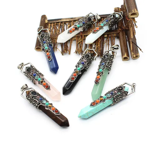 Vintage Hexagonal Crystal Pillar Pendant With 7 Chakra Stones Antique Silver Carved Alloy Wrapped Healing Gemstone Pendant Unisex