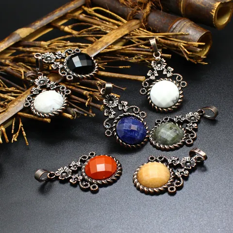 Colgante de Flor de Aleación Vintage Piedra Natural Ágata Cristal Facetado Cabujón Accesorio de Joyería para Mujer