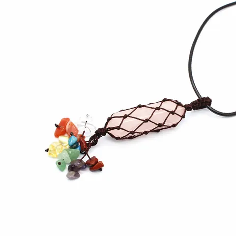 Collier Pendentif Point Hexagonal en Obsidienne Pierre Naturelle Tissé à la Main Bijoux Bohème Chakra Pierre Concassée