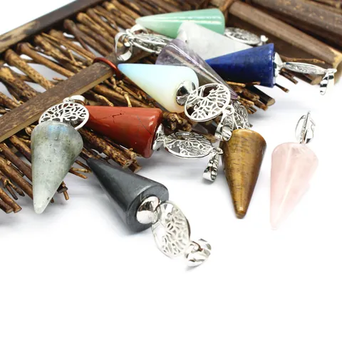 Tree of Life Natural Stone Geometric Cone Pendulum Necklace Iron Hematite Crystal Healing Dowsing Pendant For Universal Jewelry