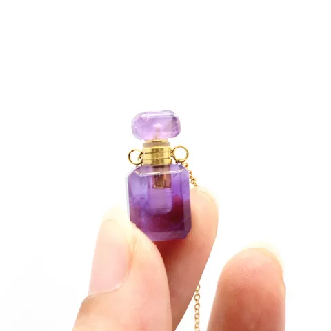 Mini Collier Pendentif Flacon de Parfum en Cristal Pierre Naturelle Améthyste Quartz Rose Citrine Bijoux de Guérison Femmes