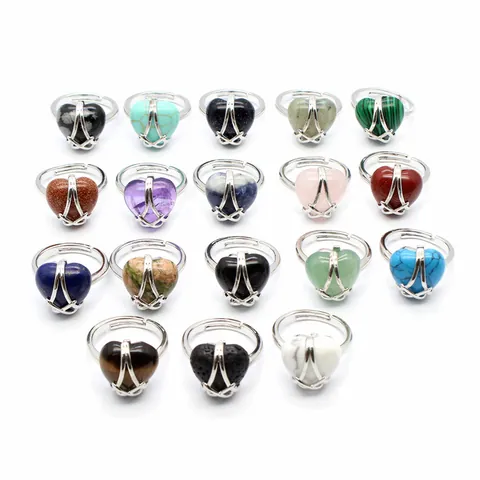 Korean Style Heart Shaped Natural Stone Open Ring For Women Elegant Alloy Adjustable Gemstone Finger Ring Jewelry Gift