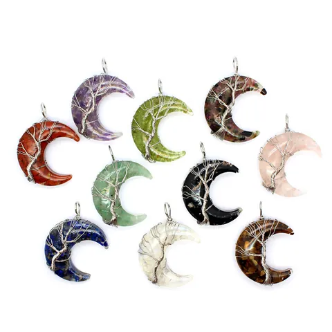 Natural Stone Crystal Chips Moon Pendant Necklace Resin Tree of Life Wire Wrapped Moon Pendant Boho Jewelry for Women Gift