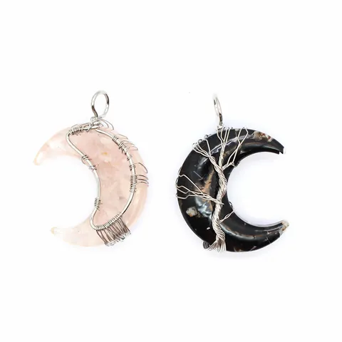 Natural Stone Crystal Chips Moon Pendant Necklace Resin Tree of Life Wire Wrapped Moon Pendant Boho Jewelry for Women Gift