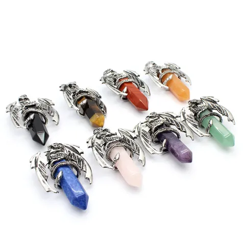 Retro Men Alloy Flying Dragon Wrap Hexagonal Column Natural Stone Pendant Only Without Chain Gothic Fantasy Jewelry Accessory