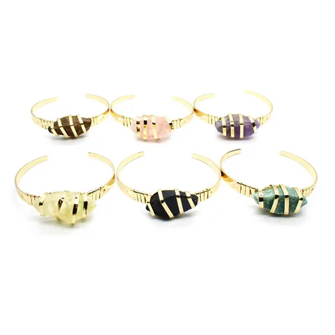 Bracciale Rigido Aperto in Pietra Naturale Stile Ins Placcato Oro 24K Cristallo Grezzo Irregolare Ametista Quarzo Rosa Donna Gioielli
