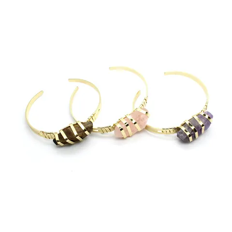 Bracciale Rigido Aperto in Pietra Naturale Stile Ins Placcato Oro 24K Cristallo Grezzo Irregolare Ametista Quarzo Rosa Donna Gioielli