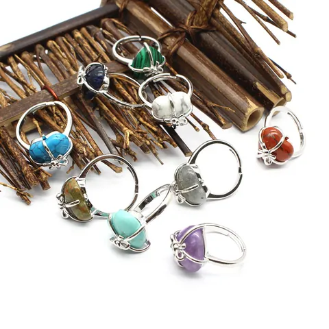 Ins Style Heart Natural Stone Open Ring For Women Men Personalized Wire Wrapped Bow Knot Adjustable Alloy Ring Jewelry