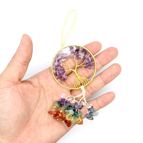 Natural Stone Tree Of Life Hanging Ornament Seven Chakra Crystals Healing Stones Handwoven Braided Rope Interior Car Decor