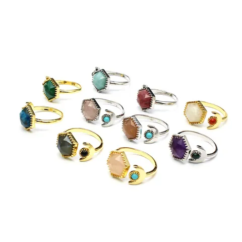 Vintage Ins Style Hexagram Star Adjustable Ring Iron Alloy Artificial Crystal Moon Finger Ring For Women Men Jewelry