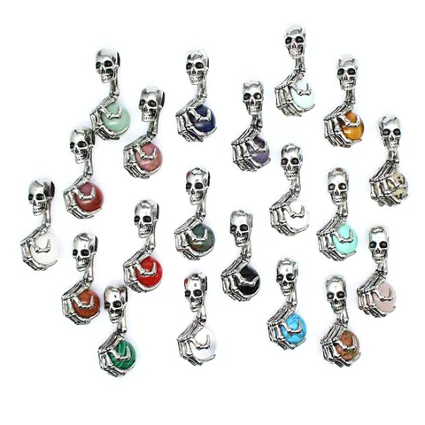 Punk Stil Totenkopf Skelett Klaue Drachen Anhänger Halskette Für Herren Vintage Silber Legierung Naturstein Kristall Gothik Schmuck Anhänger