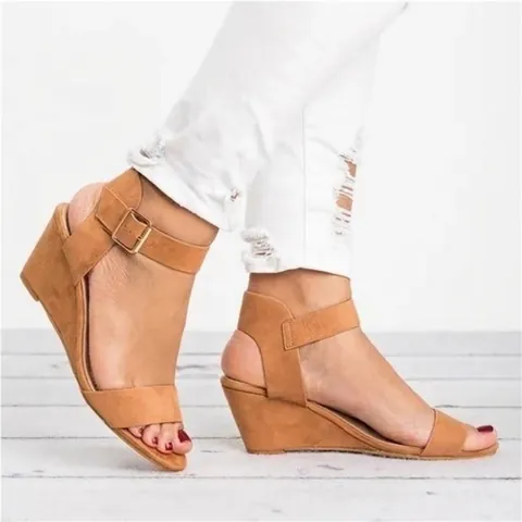 Women's Casual Wedge Sandals Peep Toe Ankle Strap Buckle Platform Shoes Summer Vacation Top Layer Cowhide Leather Sandals