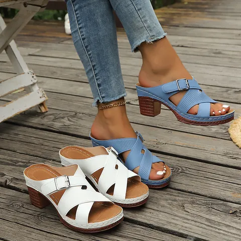 Damen Mode Kreuzriemen Blockabsatz Sandalen PU-Leder Durchbrochen Hoher Absatz Sommer Outdoor Pantoletten