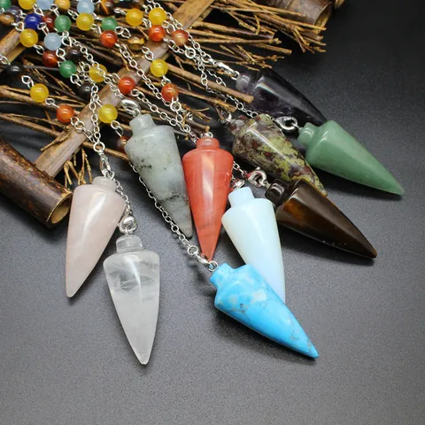 Natural Crystal Cone Pendulum Pendant Necklace With Seven Chakra Beads Healing Dowsing Spiritual Stone Jewelry For Women Men
