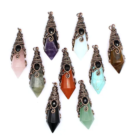 Natural Stone Wizard Hat Faceted Crystal Pendant For Jewelry Making Retro Alloy Wire Wrapped Labradorite Gemstone Pendant