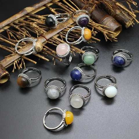 Minimalist Retro Sun Adjustable Open Ring For Women Copper Beaded Edge Natural Stone Labradorite Amethyst Crystal Ring Jewelry