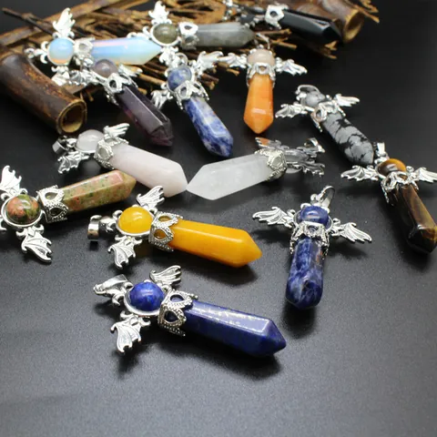 Natural Stone Hexagonal Pillar Crystal Pendant Necklace Angel Bat Wings Gothic Spiritual Healing Stone Alloy Rhinestone Jewelry For Women