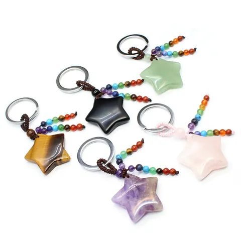 Natural Stone Star Crystal Keychain Aventurine Amethyst Obsidian Tiger Eye Rose Quartz White Turquoise Quartz Tassel Keyring