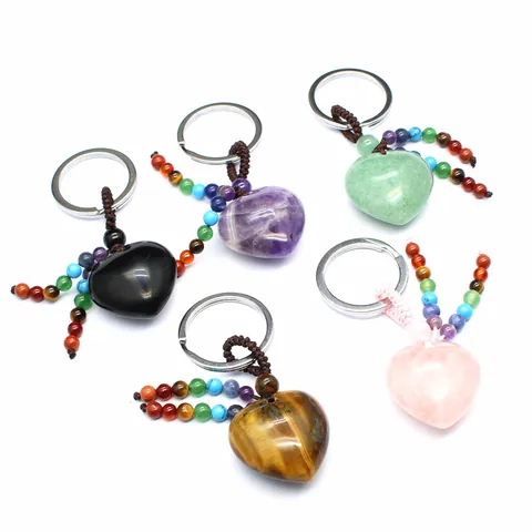 Herz Naturstein Schlüsselanhänger Chakra Perle Quaste Amethyst Rosenquarz Aventurin Obsidian Tigerauge Heilkristall Schlüsselring Für Damen Herren Tasche Zubehör