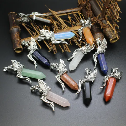 Fashion Natural Stone Hexagonal Pillar Pendant Alloy Silver Fairy Angel Crystal Pendants Rose Quartz Lapis Jewelry For Women