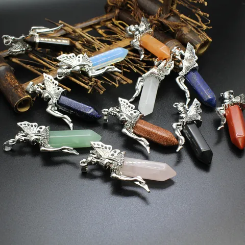 Fashion Natural Stone Hexagonal Pillar Pendant Alloy Silver Fairy Angel Crystal Pendants Rose Quartz Lapis Jewelry For Women
