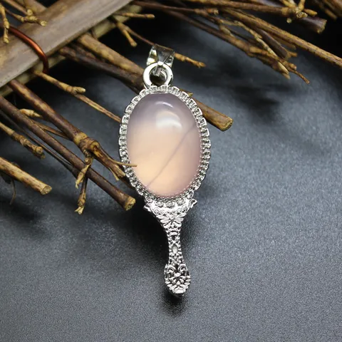 Vintage Magic Mirror Natural Stone Agate Pendant Alloy Rhinestone Carved Retro Jewelry DIY Necklace Pendant For Women