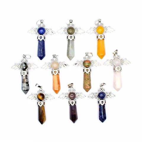 Natural Stone Hexagonal Pillar Crystal Pendant Necklace Angel Bat Wings Gothic Spiritual Healing Stone Alloy Rhinestone Jewelry For Women