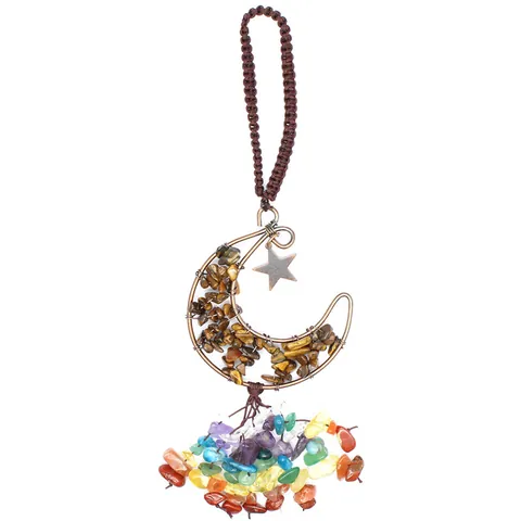 Handmade Natural Crystal Stone Star Moon Car Hanging Decoration Bohemian Woven Gravel Tourmaline Ornament For Home Interior