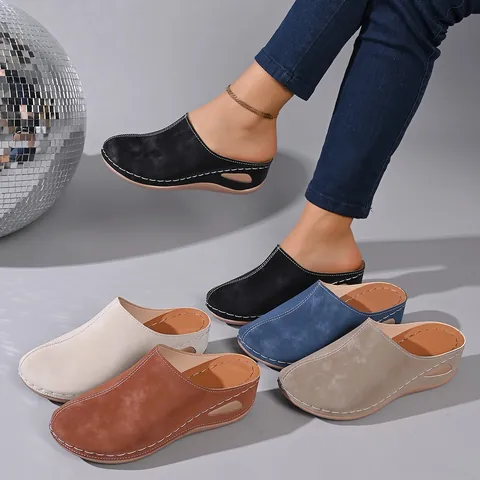 Women's Casual Wedge Mules Suede Closed Toe Platform Slippers Comfort Slip-on Sandals With Cut-out Detail Summer Fashion Shoes