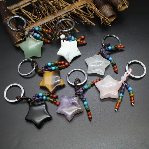Natural Stone Star Crystal Keychain Aventurine Amethyst Obsidian Tiger Eye Rose Quartz White Turquoise Quartz Tassel Keyring