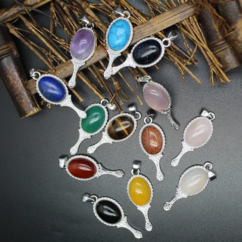 Vintage Magic Mirror Natural Stone Agate Pendant Alloy Rhinestone Carved Retro Jewelry DIY Necklace Pendant For Women