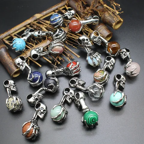 Punk Stil Totenkopf Skelett Klaue Drachen Anhänger Halskette Für Herren Vintage Silber Legierung Naturstein Kristall Gothik Schmuck Anhänger