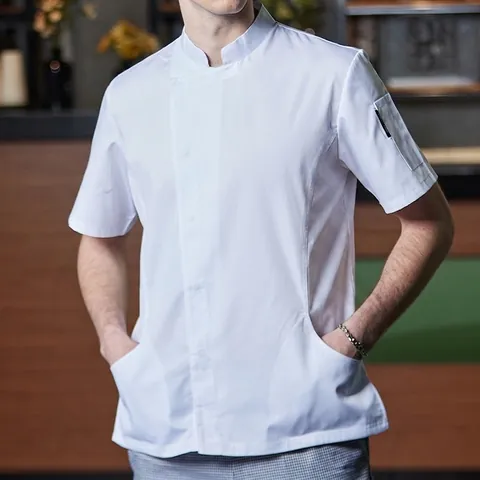 Men Short Sleeve Chef Uniform Underarm Breathable Mesh Chef Coat Polyester Cotton Blend Stand Collar Workwear For Restaurant