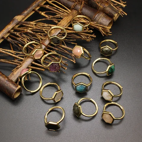 Natural Stone Hexagon Crystal Ring Gold Plated Adjustable Open Ring For Women Sunstone Moonstone Amethyst Malachite Jewelry