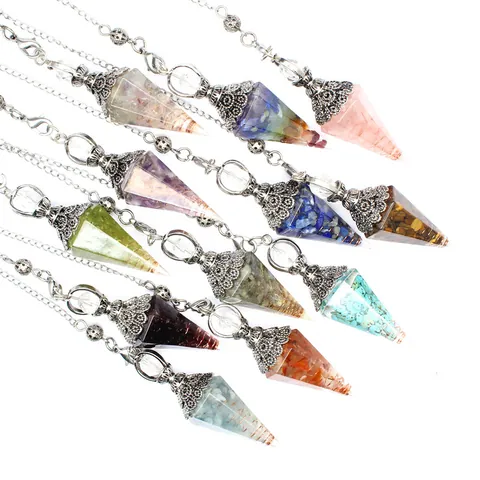 Crystal Chakra Pendulum Hexagonal Cone Resin Healing Stone Pendant Necklace Retro Spiritual Dowsing Divination Jewelry Gift