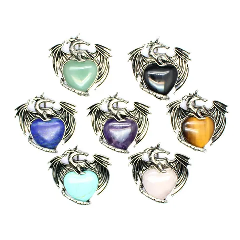 Retro Legierung Drache Umwickeltes Herz Naturstein Anhänger Halskette Für Herren Damen Gothic Fantasy Stil Schmuck Geschenk