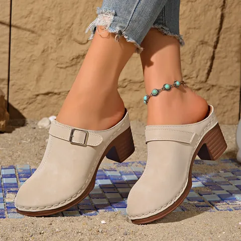 Women Suede Round Toe Mules Chunky Heel Platform Slides With Metal Buckle Stitched Retro Western Style Summer Outdoor Slippers