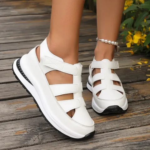 Women Wedge Sandals Summer Closed Toe Hollow Out Platform Shoes Breathable Hook And Loop Thick Sole Muffin Sandal Plus Size