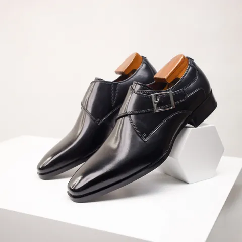 Ανδρικά Μοκασίνια από Γνήσιο Δέρμα Βοδιού Monk Strap Επαγγελματικά Slip-on Παπούτσια Γραφείου Με Μεταλλική Πόρπη Κλασικά Παπούτσια