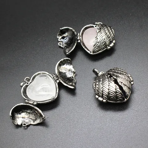 Collier Pendentif Médaillon Cœur Aile d'Ange Vintage pour Femmes Alliage Pierre Naturelle Quartz Rose Améthyste Bijoux